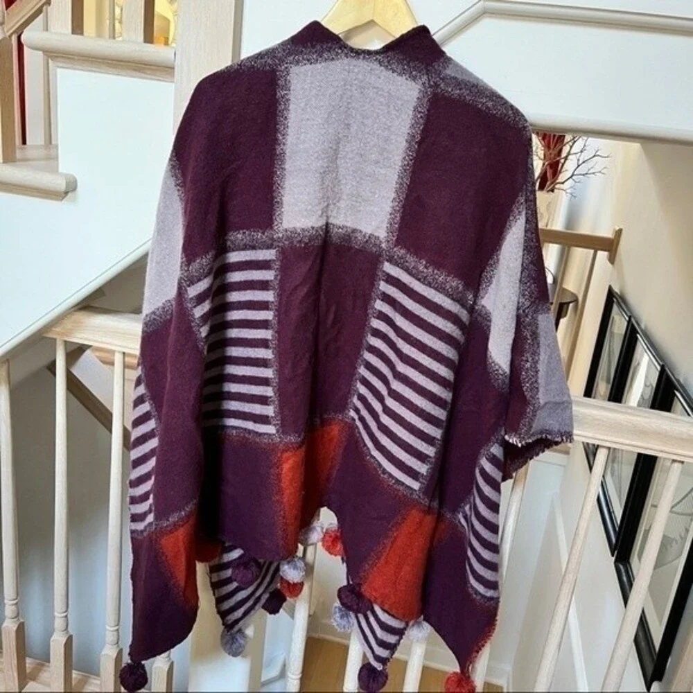 Echo  Plaid and Stripe Pom-Pom Scarf Poncho Wrap One Size